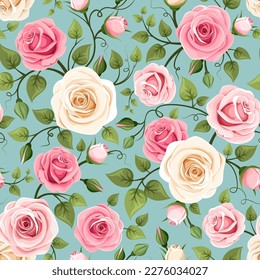 Floral sin costuras con flores rosa rosa rosa rosa rosa y blanco sobre un fondo de celadón  Ilustración del vector