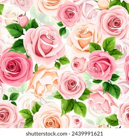 Floral seamless pattern with pink and white rose flowers and green leaves on a white background. Vector floral print. Hand-drawn illustration, not AI