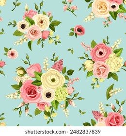 Floral seamless pattern with pink and white rose flowers, lisianthuses, anemones, and ranunculus flowers and green leaves on a blue background. Vintage floral print. Hand-drawn illustration, not AI