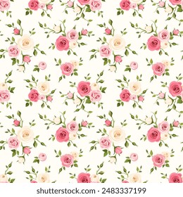 Floral seamless pattern with pink and white rose flowers and green leaves. Vector floral print. Hand-drawn illustration, not AI