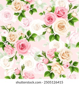 Floral seamless pattern with pink and white rose flowers and green leaves on a pink background. Vector vintage floral print. Hand-drawn illustration, not AI