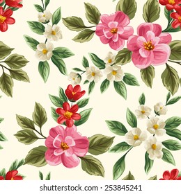 Floral seamless pattern with pink, white and red flowers and leaves on beige background.