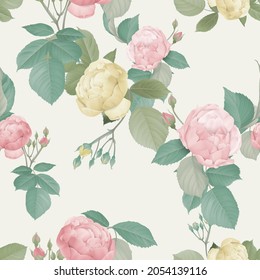 Floral seamless pattern, pink and yellow roses and green leaves on bright yellow