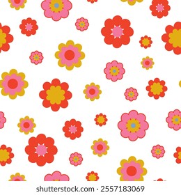 floral seamless pattern with pink, yellow, and red flowers of varying sizes, creating a cheerful, retro, and playful design.