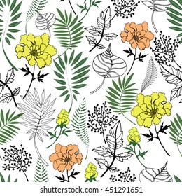 Floral seamless pattern. Pink and yellow flowers and leaves on white background. 