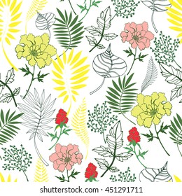 Floral seamless pattern. Pink and yellow flowers and leaves on white background. 