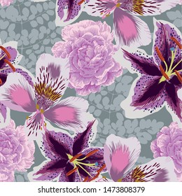 Floral seamless pattern with pion, orchid and lilyes. Abstract background.