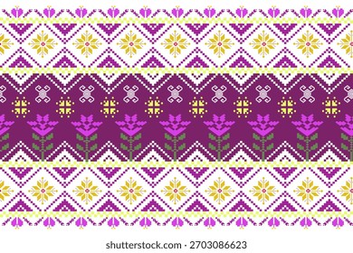 Patrón inconsútil floral del arte del pixel. Ilustración vectorial con la flor en el fondo blanco y púrpura bueno para la pared, la alfombra, la bufanda, la tela, los textiles y el papel de embalaje