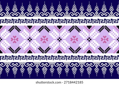 Florales nahtloses Muster von Pixelkunst. Vektorgrafik mit Blume auf dunkelblauem Hintergrund gut für Wand, Teppich, Schal, Stoff, Textilien und Umschlagpapier	
