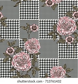 Floral seamless pattern with plaid background. Vector template.