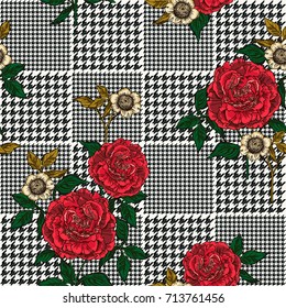 Floral seamless pattern with plaid background. Vector template.