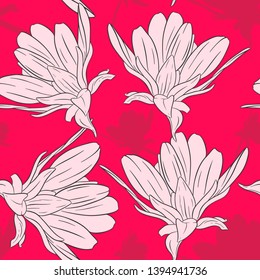Floral seamless pattern. Plant in blossom, branch with flower ink sketch. Dahlia. Fashion floral print for a business card, banner, poster, wrapping, fabric, notebook, invitation. Vector