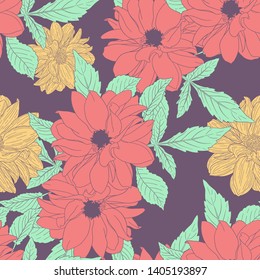 Floral seamless pattern. Plant in blossom, branch with flower ink sketch. Dahlia. Fashion floral print for a business card, banner, poster, wrapping, fabric, notebook, invitation. Vector illustration