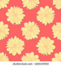 Floral seamless pattern. Plant in blossom, branch with flower ink sketch. Dahlia. Fashion floral print for a business card, banner, poster, wrapping, fabric, notebook, invitation. Vector illustration