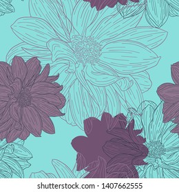 Floral seamless pattern. Plant in blossom, branch with flower ink sketch. Dahlia. Fashion floral print for a business card, banner, poster, wrapping, fabric, notebook, invitation. Vector illustration