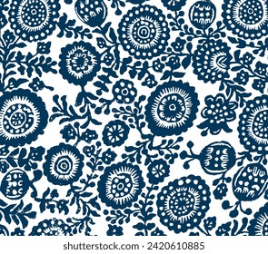 Floral Seamless Pattern. Plant Botanical Ornament. Gold Foliage on Dark Blue, Indigo, Navy Blue Background. Tropical Leaves. Vector illustration.
