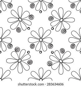 Floral seamless pattern in the plant design. Black and white graphics, flowers and circles on a white background. Painted hands.