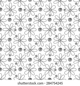 Floral seamless pattern in the plant design. Black and white graphics, flowers and circles on a white background. Painted hands.