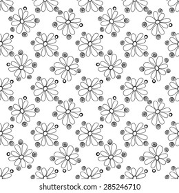 Floral seamless pattern in the plant design. Black and white graphics, flowers and circles on a white background. Painted hands.