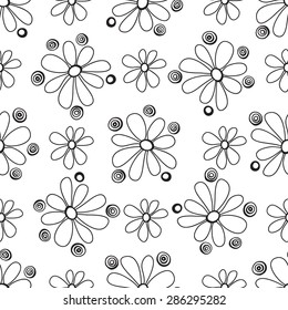 Floral seamless pattern in the plant design. Black and white graphics, flowers and circles on a white background, painted hands.