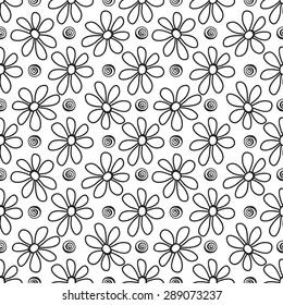 Floral seamless pattern in the plant design. Black and white graphics, flowers and circles on a white background, painted hands.