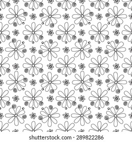 Floral seamless pattern in the plant design. Black and white graphics, flowers and circles on a white background, painted hands.