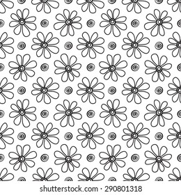 Floral seamless pattern in the plant design. Black and white graphics, flowers and circles on a white background, painted hands.
