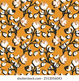 Floral seamless pattern with plant silhouettes texture. Abstract large blossom flowers. Outline detailed sketch drawing. Flat design, line art. Botanical background for fabric, textile, wallpaper