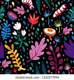 Floral seamless pattern. Plants, caterpillars and mushrooms in the meadow. Night flowers. Fairy forest glade. Summer magical ornament.