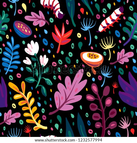 Floral seamless pattern. Plants, caterpillars and mushrooms in the meadow. Night flowers. Fairy forest glade. Summer magical ornament.