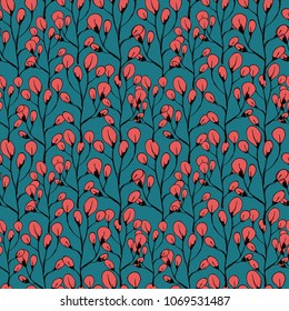 Floral seamless pattern. Plants on blue background. Fabric design, wallpaper