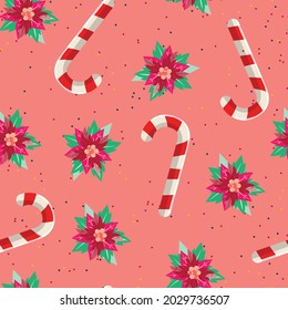 Floral seamless pattern with poinsettia flowers and candy cane on pink background. Christmas background with flowers, candy canes and confetti. For textile, paper, packaging.