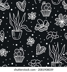 Floral seamless pattern with polka dots with flowers, cacti, hearts On a black background. Line art illustration for fabrics, clothing, stationery and home textiles