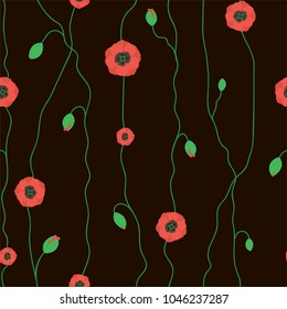 Floral seamless pattern with poppies on a black background. Vector.
