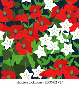 Motif floral harmonieux de coquelicots et fleurs blanches sur fond bleu clair.