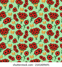 Floral seamless pattern with poppy bouquets and yellow bows on green background. Wrapping paper, background, wallpaper concept with red flowers. Vector Illustration EPS 10