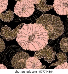 Floral seamless pattern. Poppy flower. Vintage background with gold glitter