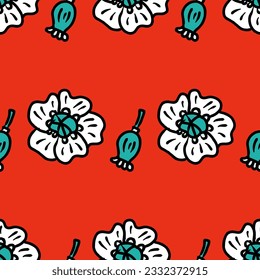 Floral seamless pattern with poppy flowers and boxes. Summer print for tee, paper, textile and fabric. Doodle vector illustration for decor and design.
