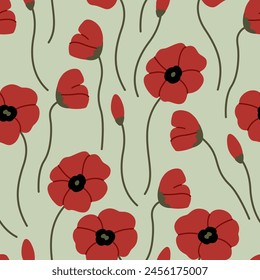 Floral seamless pattern with poppy flowers. Vector flat botanical background