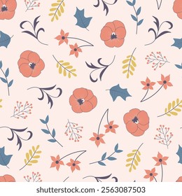 Floral seamless pattern of poppy flowers, leaves and berries. Allover print surface design of mixed florals on pink rose frost color background. 