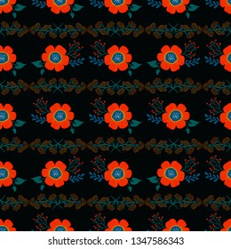 Floral seamless pattern. Pretty red flowers on black background. Printing with small white flowers. Ditsy print. Vector texture. Spring bouquet. Textile print