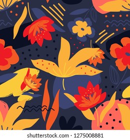 Patrón floral sin fisuras para la impresión, tela, Fondo de pantalla. Fondo moderno de flores dibujadas a mano.