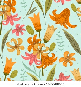 Floral seamless pattern for print, textile, fabric. Modern hand drawn spring summer flowers background.