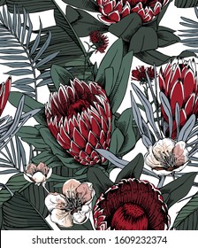 Floral Seamless pattern. Protea (Sugarbushes), exotic palm leaf, wildflowers flowers and leaves. Textile composition, hand drawn style print. Vector illustration.