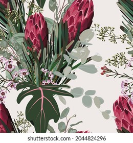Floral Seamless pattern. Protea (Sugarbushes) flowers, exotic palm leaf and herbs. Textile composition, hand drawn style print. 