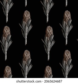 Floral Seamless pattern. Protea (Sugarbushes) brown flowers. Textile composition, hand drawn style print on vintage black background. 