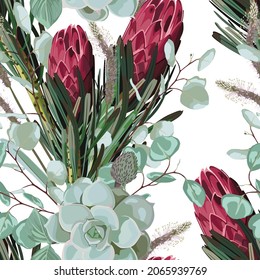 Floral Seamless pattern. Protea (Sugarbushes) flowers, exotic palm leaf, eucalyptus and herbs. Textile composition, hand drawn style print. White background.