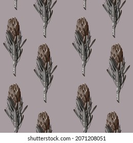 Patrón floral sin foco. Flores marrones Protea (arbustos de azúcar). Composición textil, impresión a mano sobre fondo vintage. 