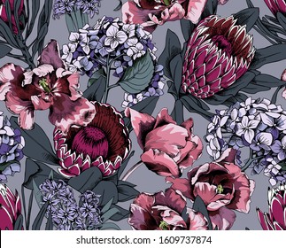 Floral Seamless pattern. Protea, Tulip, Hydrangea, Hyacinth flowers and leaves. Textile composition, hand drawn style print. Vector illustration.