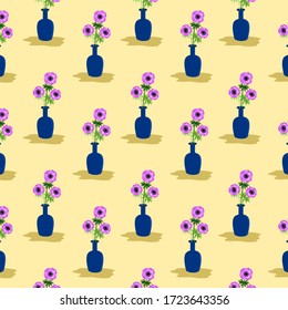 Floral seamless pattern. Purple anemone in vase on cream background. Flat design. Botanical illustration. 